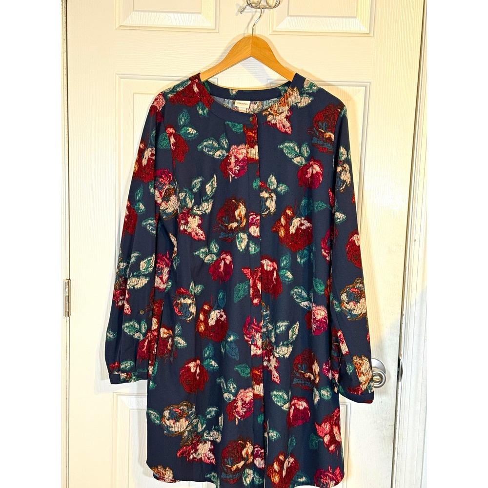 Merona Navy Multicolor Floral Cottage Shirt Dress 2XL Knee Length pockets fall